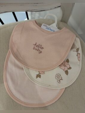 🦢 NWT Carter's Pink Floral & Striped Baby Bib Trio 3 Piece Set with Embroidery